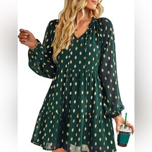 Long sleeve green and gold polka dot dress. Vneck loose tiered flowy mini dress